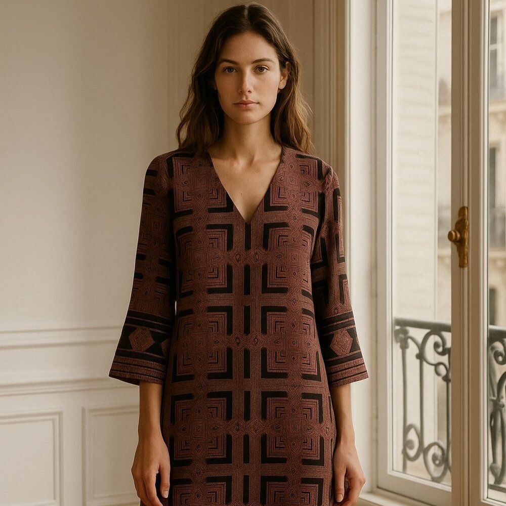 C Luce NWT Cranberry Geometric Bell Sleeve Sheath Dress Small